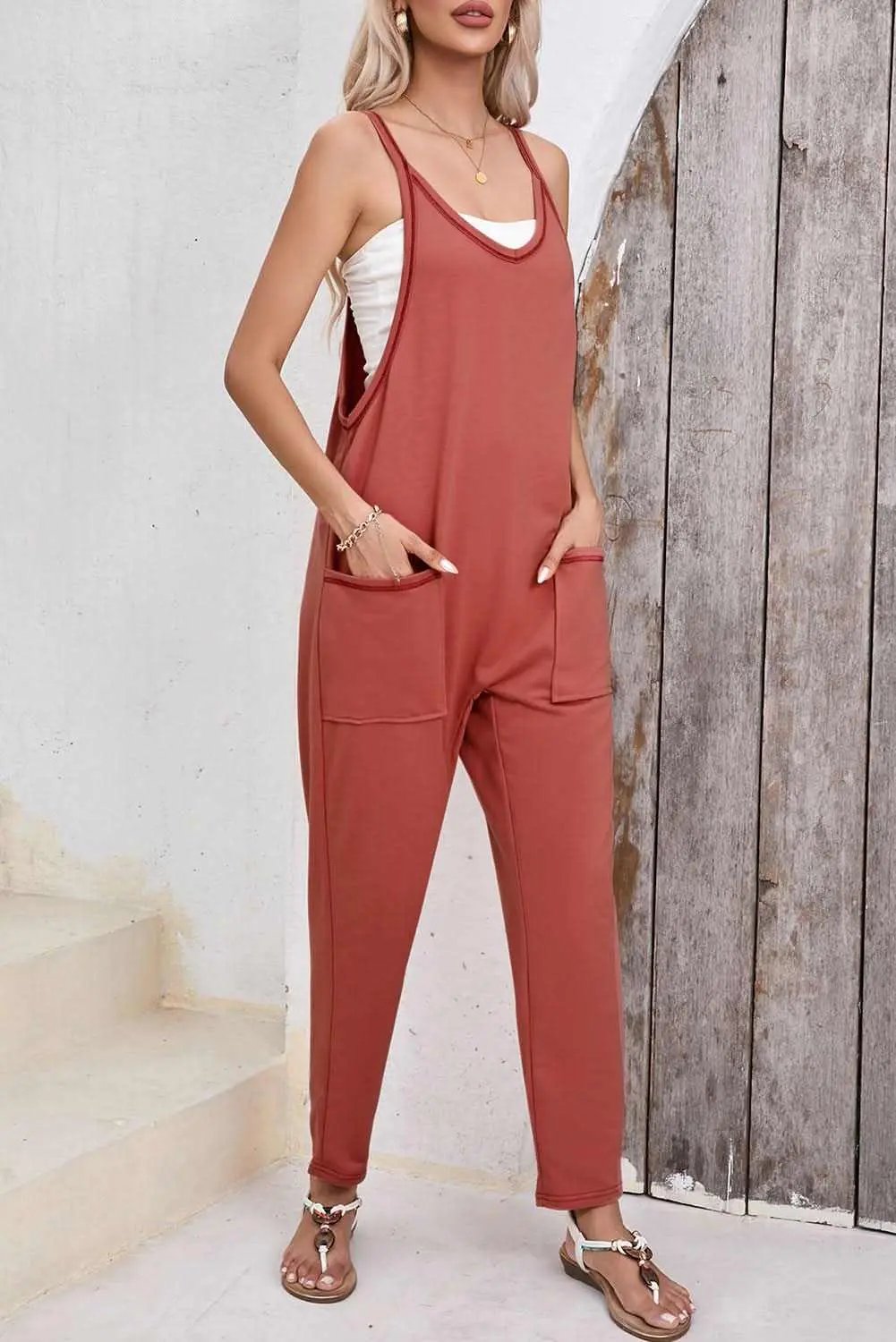 Gold Flame Side Pockets Harem Pants Sleeveless V Neck Jumpsuit - Love Salve